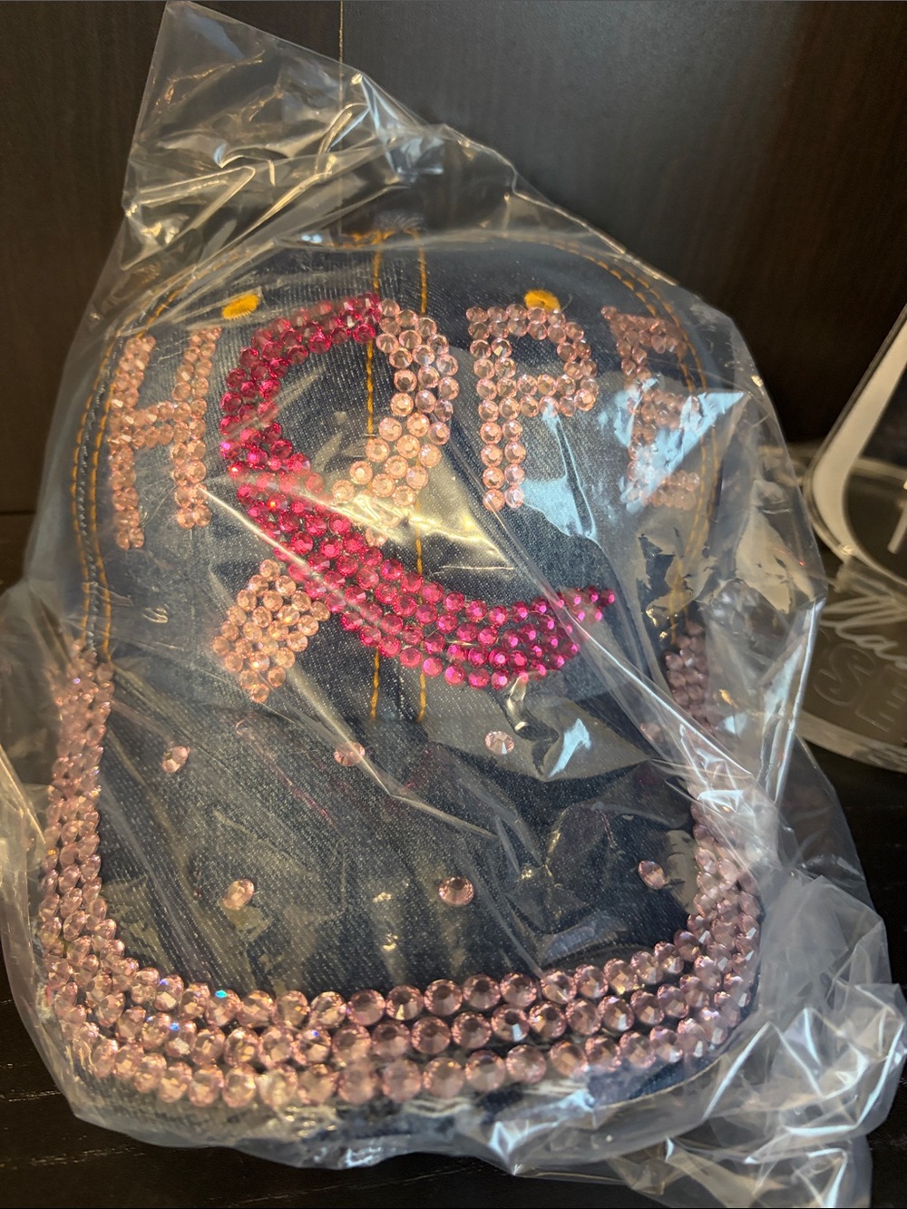 Denim Baseball Cap with Pink Rhinestone 'Hope' Ribbon Accent